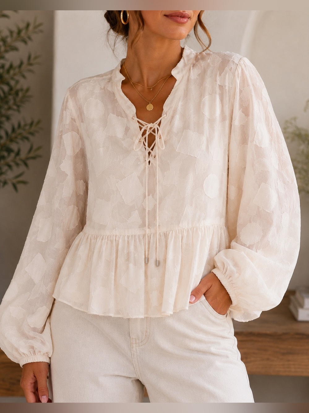 Vero Moda Curve Sheer Textured Peplum Blouse Large